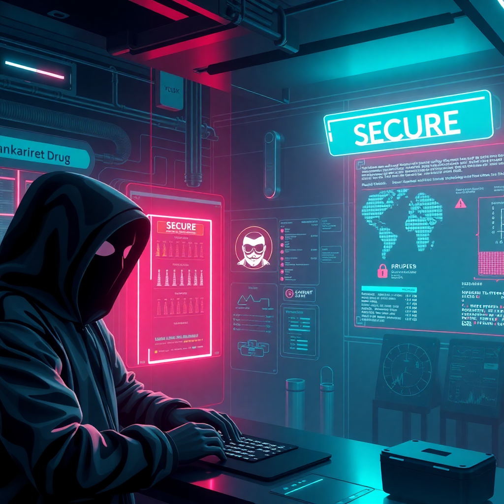 Futuristic digital marketplace with blue neon lights, abacus beads, and anonymous users trading securely